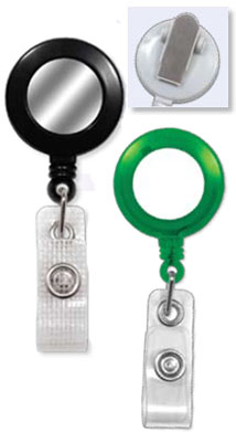 Round Badge Reels with Sticker (White or Silver) - Spring Clip - Clear Vinyl or Reinforced Vinyl