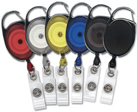 Carabiner-style badge reel - Chrome outer frame - Clear vinyl strap